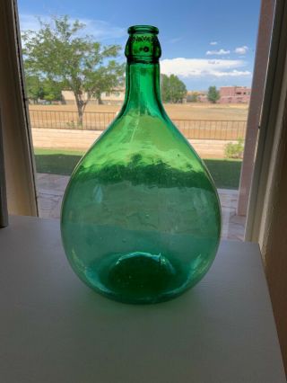 Italian Demijohn Medium Vintage Green Bottle 16” Tall.  “in Vem” On Neck.