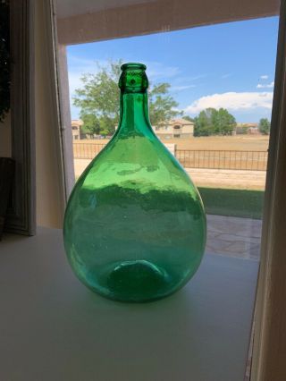 Italian Demijohn Medium Vintage Green Bottle 16” tall.  “In Vem” on Neck. 4