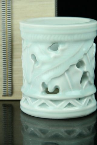 Jun052 Korean Late Joseon White Porcelain Brush Pot Hitto Open Work W/box