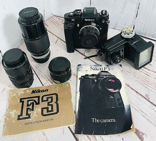 Vintage Nikon F3 Hp 35mm Camera W/ 4 Lenses Motor Accessories & Bag 64ofc
