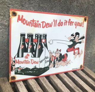 VINTAGE MOUNTAIN DEW PORCELAIN SIGN,  SODA POP,  GAS STATION,  FOUNTAIN DATED 1961 2