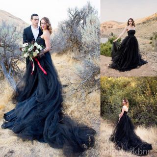 Gothic Black Wedding Dresses Vintage Tulle Strapless County Garden Bridal Gowns