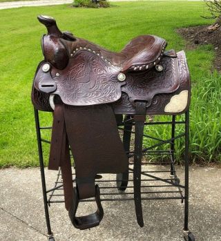 15.  5 " Vintage Western Horse Saddle W Horse Head Tooling 1202
