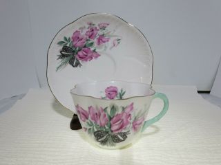 Vintage Shelley Bone China Cup And Saucer Baileys Sweet Pea Black Lace Ribbon