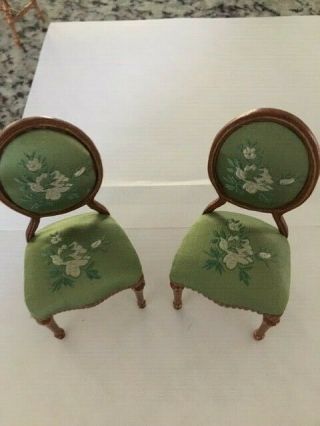 Dollhouse Miniature Two Hansson Oval Back Side Chairs W/green Embroidered Satin