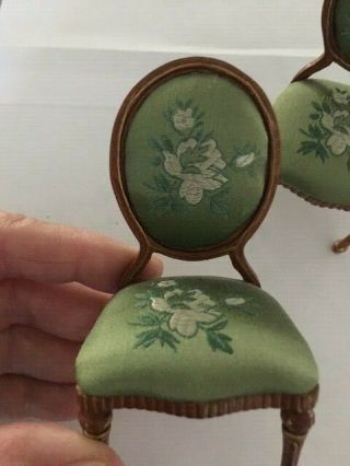 DOLLHOUSE MINIATURE Two HANSSON Oval back side chairs w/Green Embroidered Satin 2