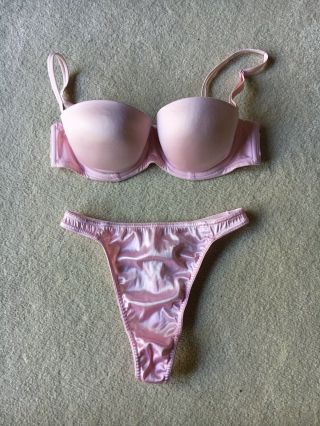 Vtg Victoria Secret Second Skin Satin Pink Bra (36a) Thong (m) Panties Set