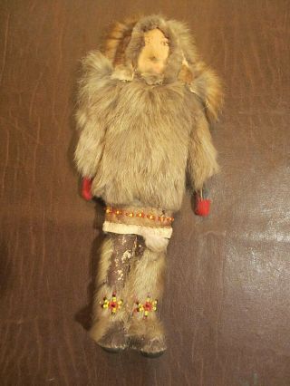 Authentic Vintage Alaska Eskimo Inuit Doll W Seal Skin Fur & Beads - Carved Face