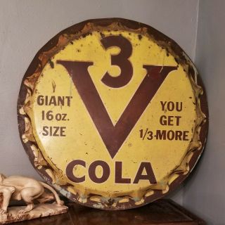 Rare Large Vintage C.  1960 3 - V Cola Soda Pop Bottle Cap Gas Oil Metal Sign