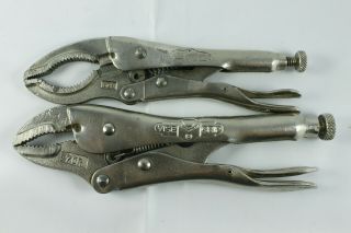 2 Vintage Usa Petersen Vise Grip Pliers,  7cr Curved Jaw & 6lc Large Clamp