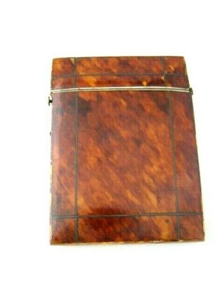 Antique 19th C Faux Tortoise Shell Flip Top Silver Stringing Inlay Card Case