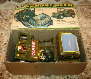 Vintage Tin Litho Tv Combat Jeep Battery Op W/ Box &