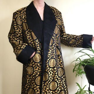 Vintage Black Silk Robe Smoking Jacket,  1930s Art Deco,  Gold Brocade,  Ying Tai