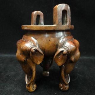 Old Chinese Thick Bronze Incense Burner Elephant Heads Censer " Xuande " Marks