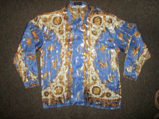 Vintage Blue Cabaret Italy Matallic Silk Long Sleeve Button Up Shirt Size 2xl