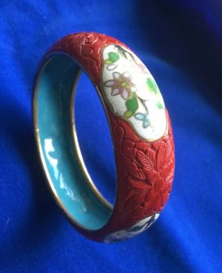Vintage Chinese Enamel Cloisonné Carved Red Cinnabar Lacquered Floral Bangle