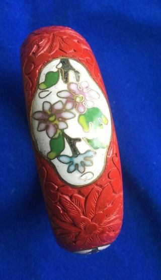 Vintage Chinese Enamel Cloisonné Carved Red Cinnabar Lacquered Floral Bangle 2