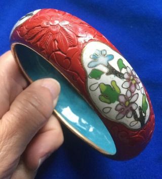 Vintage Chinese Enamel Cloisonné Carved Red Cinnabar Lacquered Floral Bangle 3