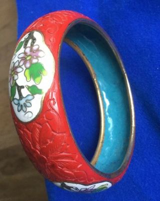Vintage Chinese Enamel Cloisonné Carved Red Cinnabar Lacquered Floral Bangle 4