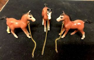 Vintage 3 Horse Figures W/ Chain Hard Plastic Type Material 3 " High Circa 1970’s