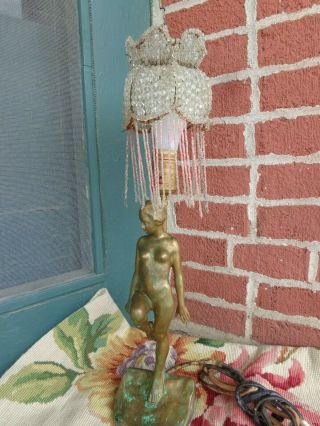 Vintage Art Deco Bronze/brass Patina Nude Lady Statue Boudoir Lamp Crystal Shade