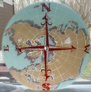 Vintage Glass Ceiling World Map Compass Nautical Light Cover W/ Rare Ships Wheel