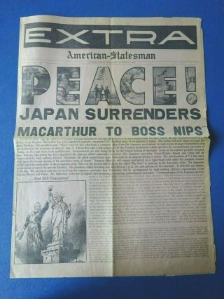 Aug.  14,  1945 Austin Newspaper Peace Japan Surrenders,  Macarthur To Boss Nips