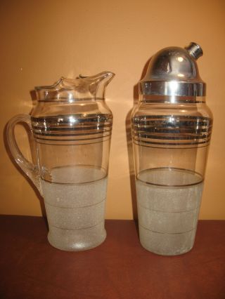 Cocktail Shaker Set Vintage Glass Pitcher Martini Silver Stripes Frosted Glasses 3