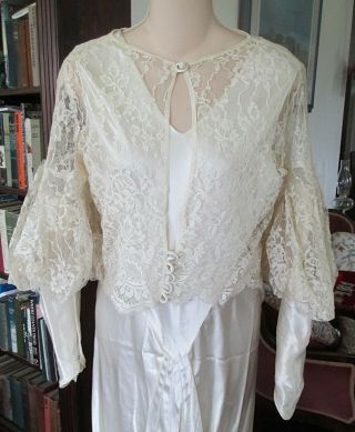 20s SATIN A - Line FLAPPER WEDDING Dress GOWN LACE JACKET w/HEADPIECE & VEIL sz S 3