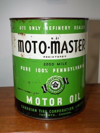Rare Vintage 40s Green Motomaster Oil Can 1 Gallon Canadian Tire N - 81