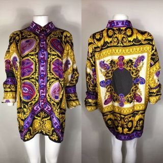 Rare Vtg Gianni Versace Gold & Purple Medusa Print Silk Shirt 50 L