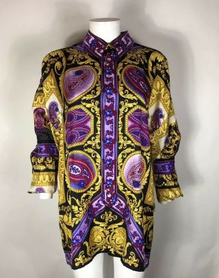 Rare Vtg Gianni Versace Gold & Purple Medusa Print Silk Shirt 50 L 2