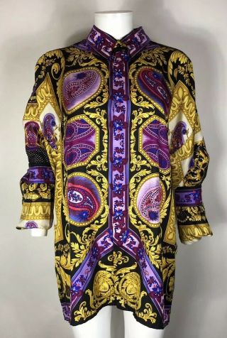 Rare Vtg Gianni Versace Gold & Purple Medusa Print Silk Shirt 50 L 3