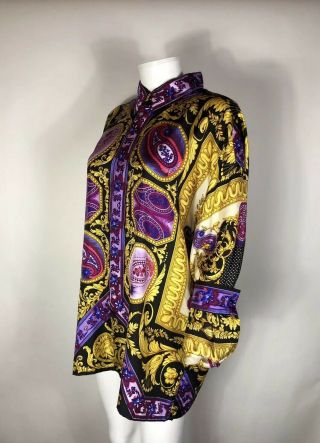 Rare Vtg Gianni Versace Gold & Purple Medusa Print Silk Shirt 50 L 6