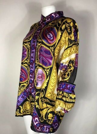 Rare Vtg Gianni Versace Gold & Purple Medusa Print Silk Shirt 50 L 7