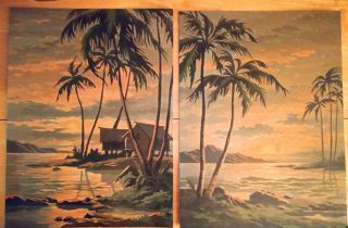 Matched Pair Vintage Paint By Numbers Paintings Hawaii Landscapes Hawaiiana