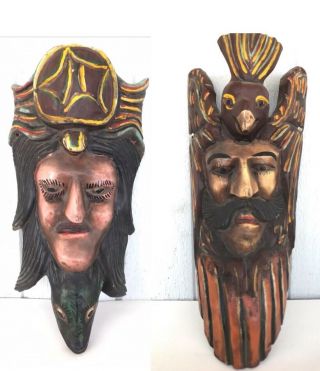 2 Vtg Antique Mexican Guatemalan Festival Ceremonial Mask Wood Carved Folk Art