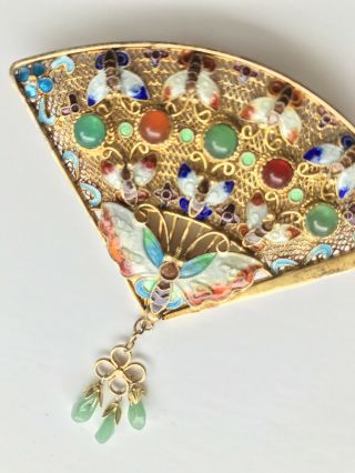 Antique Chinese Silver Filigree Enamel Cloisonne Butterfly Jade Fan Pin Brooch 3