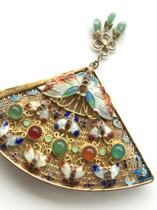 Antique Chinese Silver Filigree Enamel Cloisonne Butterfly Jade Fan Pin Brooch 4