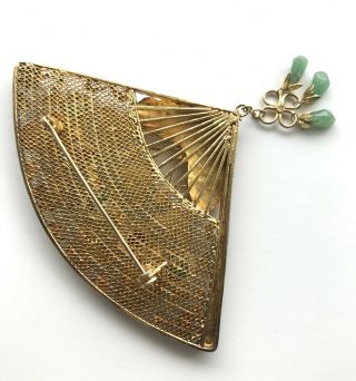 Antique Chinese Silver Filigree Enamel Cloisonne Butterfly Jade Fan Pin Brooch 5