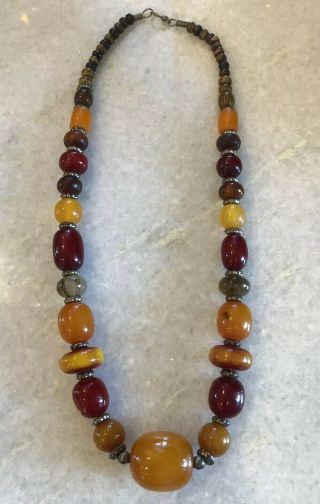 Vintage Beaded Cherry Bakelite? Baltic Butterscotch Amber? Beads 24.  5” Necklace