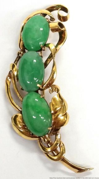 Antique 14k Yellow Gold Natural Jadeite Jade Signed Chinese Asian Brooch