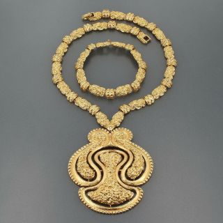 Vintage Signed Monet " Etrusca " Bold Runway Necklace & Bracelet Etruscan Revival