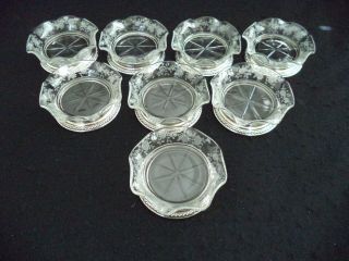 Rare Sterling Silver And Etched Crystal 8 Coasters Or Bowls,  Nut Dishes