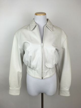 Vtg 80s Michael Hoban North Beach Distresed White Leather Jacket Xs Cropped Fit