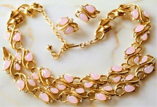 Vintage Signed Trifari Jelly Lucite Gold Tone Demi Parure Necklace,  Earrings,  Brcl