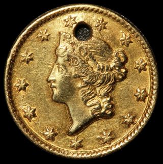 1849 - D U.  S.  Liberty Head $1 One Dollar Type 1 Gold Coin - Holed - Rare Date