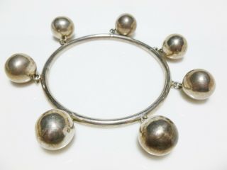 Sterling Silver Mexico Mid Century Modern Dangle Ball Charm Bangle Bracelet