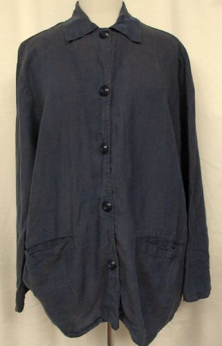 Flax By Jeanne Engelhart Vintage Blue Shimmer 100 Linen Jacket Oversized Small