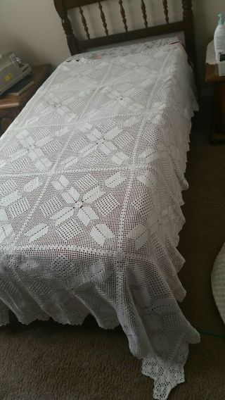 Vintage Hand Crochet Bedspread Coverlet,  Tablecloth 86 X70 Inches White